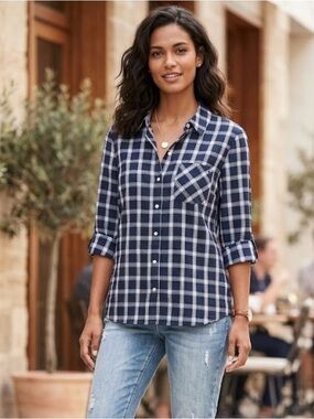 Tommy Hilfiger Navy and White Plaid Button-Down Shirt